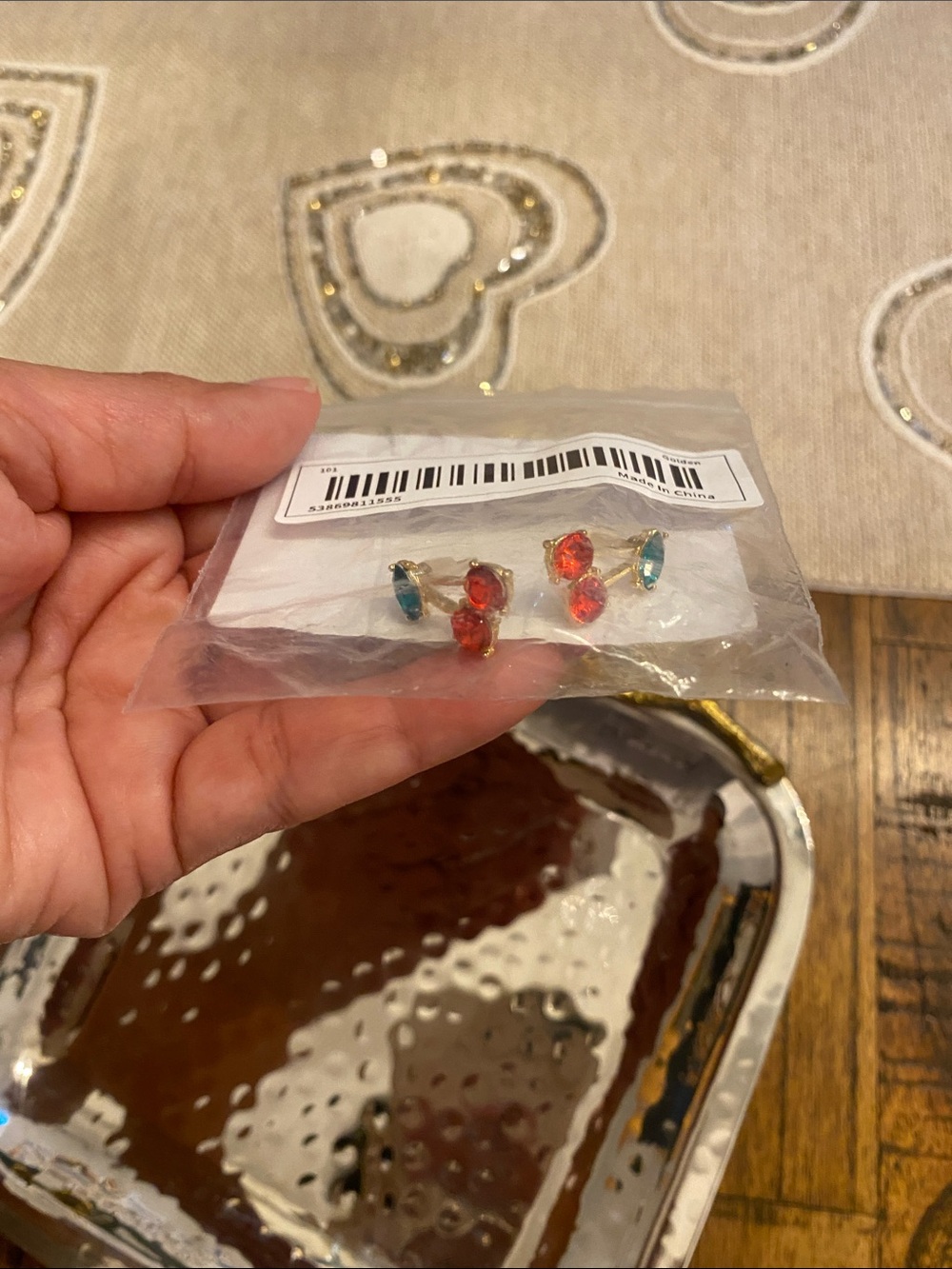 Gold tone Cherry Drop Earrings with Red and Green leaf Stones - Picture 8 of 8